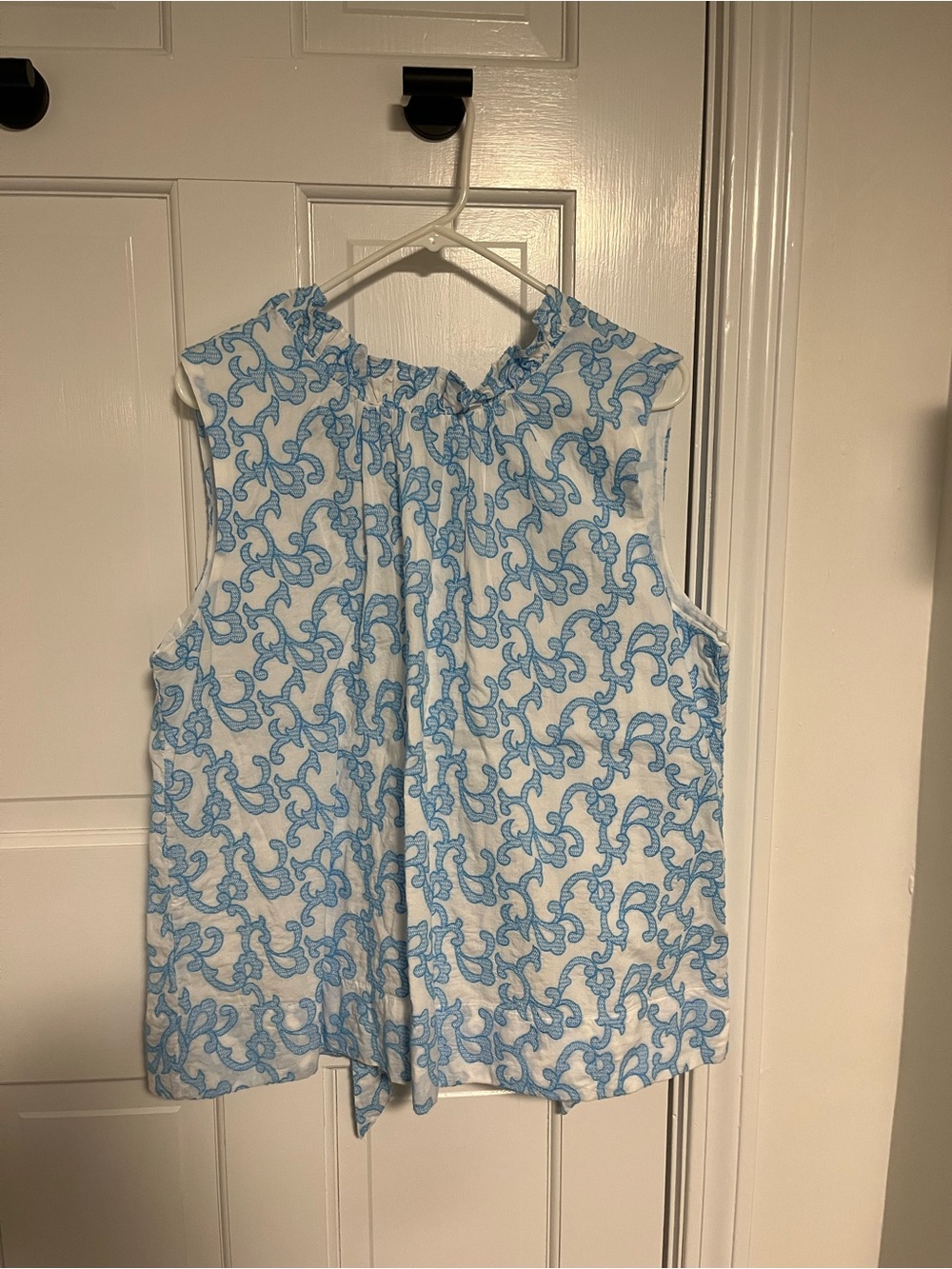Lilly Pulitzer White Sleeveless Top with Light Blue Scroll Print